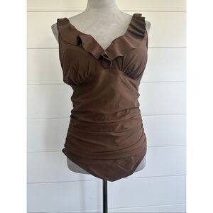 DKNY Women's Swimsuit Ruffle Plunge Underwire Tummy Control One-Piece, Sz Large